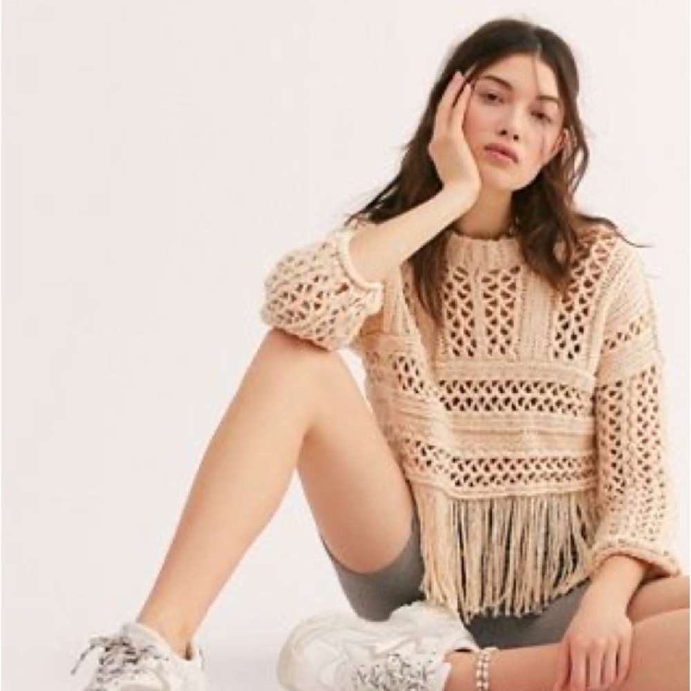 Free People Cream Crochet Sweater with Fringe